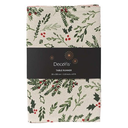 Tablerunner With Mistletoe & Holly Leaf White & Green 30cm x 150cm Tablerunner With Mistletoe & Holly Leaf White & Green 30cm x 150cm