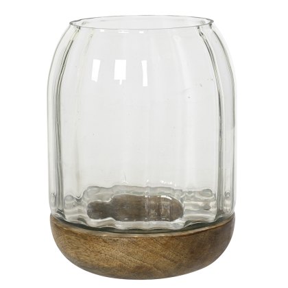 Glass Hurricane With Mango Wood Base 18cm Glass Hurricane With Mango Wood Base 18cm