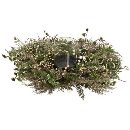 Wreath Candle Holder With Green Leaves & Champagne Balls 42cm Wreath Candle Holder With Green Leaves & Champagne Balls 42cm