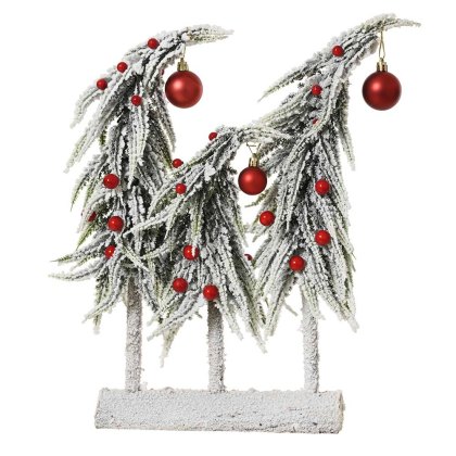 Snowy Trees With Red Baubles On Wooden Base