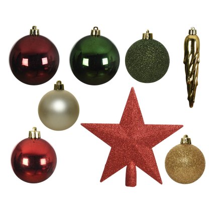Shatterproof Baubles Multi-Coloured With Red Christmas Tree Star In Box 8cm (Set of 33)
