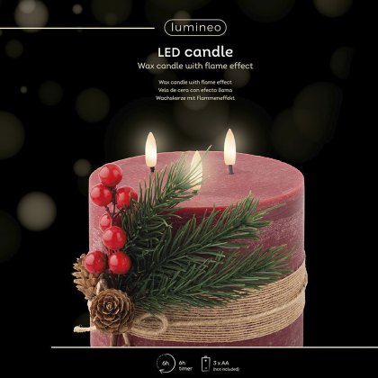 LED Pillar Candle With Twig & Berry Decoration Christmas Red 15cm
