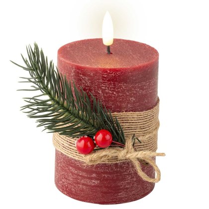 LED Pillar Candle with Twig & Berry Decoration Christmas Red 13cm LED Pillar Candle with Twig & Berry Decoration Christmas Red 13cm