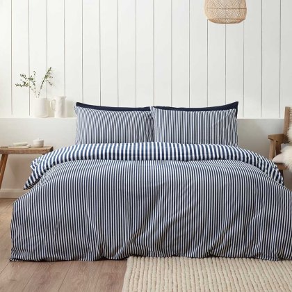 Stripe Brushed Cotton Reversible Duvet Cover Set Navy (Multiple Sizes)