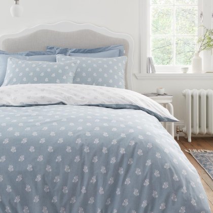 Esme Floral Reversible Duvet Cover Set White/Blue (Multiple Sizes)