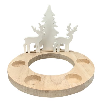 Tealight Holder Round Wooden With Tree & Deer 23m Tealight Holder Round Wooden With Tree & Deer 23m