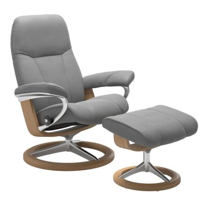 Consul Large Chair With Signature Base Oak & Footstool Batick Leather