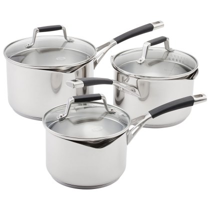 Flow 3 Piece Drainge Saucepan Set with Glass Lids Flow 3 Piece Drainge Saucepan Set with Glass Lids
