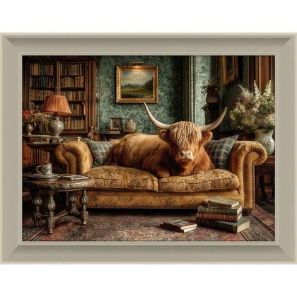 Lounging Highland Cow 116cm x 90 cm Picture By Regal Retreats Taupe Frame Lounging Highland Cow 116cm x 90 cm Picture By Regal Retreats Taupe Frame