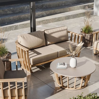Luca 5 Person Teak Outdoor Sofa Lounging Set With Coffee Table & Beige Cushions