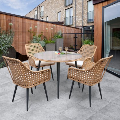 Boho 4 Person Natural Rattan Outdoor Round Dining Table & Chair Set With Beige Cushions