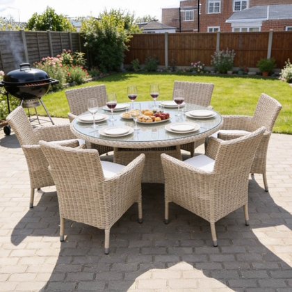 Naples 6 Person Natural Rattan Round Outdoor Dining Set With Imperial Chairs Sand