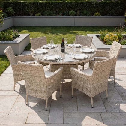Naples 6 Person Natural Rattan Round Outdoor Dining Set With Imperial Chairs Sand