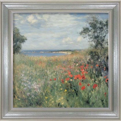 Poppy Field By the Sea I 65cm x 65cm Picture By Elara Yasha Silver Frame Poppy Field By the Sea I 65cm x 65cm Picture By Elara Yasha Silver Frame