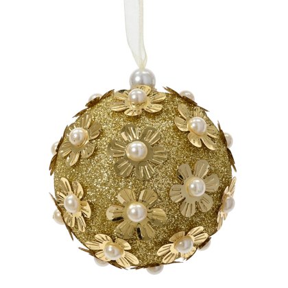 Foam Bauble With Glitter & Pearls Gold 8cm Foam Bauble With Glitter & Pearls Gold 8cm