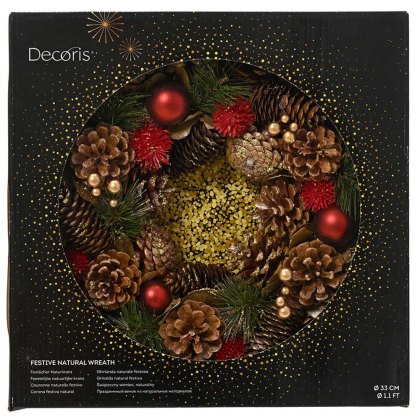 Boxed Wreath With Pinecones & Glitter Baubles 33cm Boxed Wreath With Pinecones & Glitter Baubles 33cm