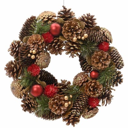 Boxed Wreath With Pinecones & Glitter Baubles 33cm Boxed Wreath With Pinecones & Glitter Baubles 33cm