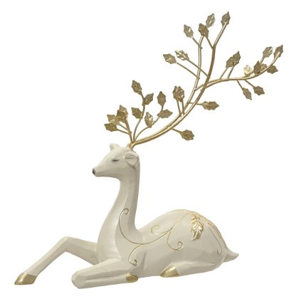 Lying Down Polyresin Deer With Antlers White 25cm Lying Down Polyresin Deer With Antlers White 25cm