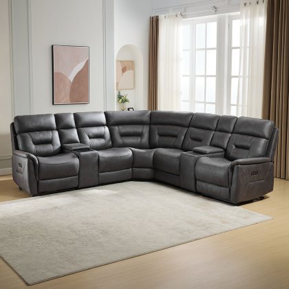 Francesco 5 Seater Electric Reclining Corner Sofa With 2 Consoles Faux Suede Grey Francesco 5 Seater Electric Reclining Corner Sofa With 2 Consoles Faux Suede Grey