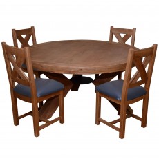 Triomphe Weathered Oak 6 Person Round Dining Table + 4 Dining Chairs With Brown Faux Leather Seats