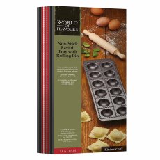 World of Flavours Italian Non-Stick Ravioli Mould Tray & Rolling Pin