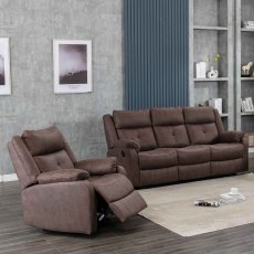 Velino Manual Reclining 3 Seater Sofa With Dropdown Tray Faux Suede Chestnut Brown