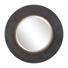 Saul Round Mirror Grey Wood Frame with Brass Accents Saul Round Mirror Grey Wood Frame with Brass Accents