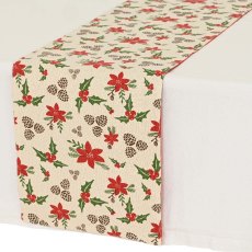 Table Runner With Pinecones & Flowers White & Red 150cm x 40cm Table Runner With Pinecones & Flowers White & Red 150cm x 40cm