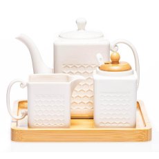 Ceramic 3 Piece Tea Set & Tray White Ceramic 3 Piece Tea Set & Tray White