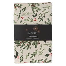 Tablerunner With Mistletoe & Holly Leaf White & Green 30cm x 150cm