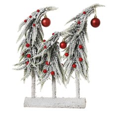 Snowy Trees With Red Baubles On Wooden Base Snowy Trees With Red Baubles On Wooden Base