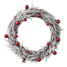 Snowy Wreath With Red Baubles 60cm Snowy Wreath With Red Baubles 60cm