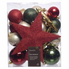 Shatterproof Baubles Multi-Coloured With Red Christmas Tree Star In Box 8cm (Set of 33)