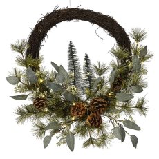 Micro LED Brush Wreath With Pinecones, Eucalyptus Leaves & White StarFlowers 40cm