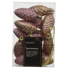 Shatterproof Pinecone Baubles Vintage Pink With Glitter In Box 14cm (Set Of 12)