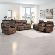 Cordon 4+ Seater Corner Electric Reclining Sofa With Dropdown Tray & USB Charger Faux Leather Chestn