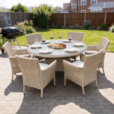 Naples 6 Person Natural Rattan Round Outdoor Dining Set With Imperial Chairs Sand