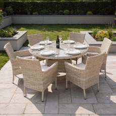 Naples 6 Person Natural Rattan Round Outdoor Dining Set With Imperial Chairs Sand