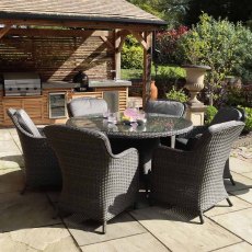 Paris 6 Person Rattan Outdoor Round Dining Table Set With Imperial Chairs & Grey Cushions