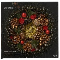 Boxed Wreath With Pinecones & Glitter Baubles 33cm Boxed Wreath With Pinecones & Glitter Baubles 33cm