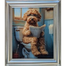 Golden Doodle on Toilet 50cm x 40cm Picture Champagne Frame