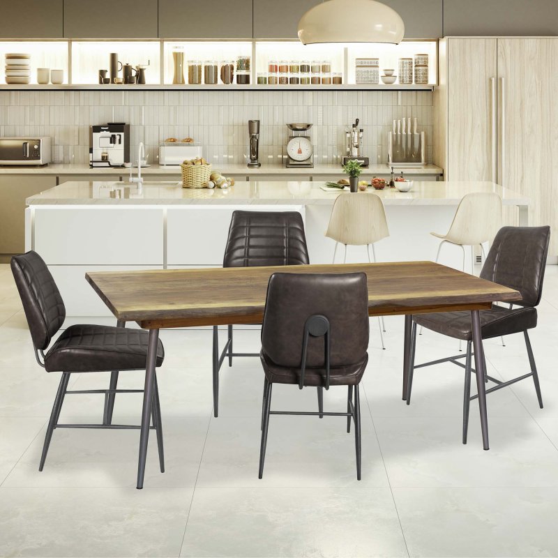 Live Edge 6 Person Oak Dining Table & 4 Cortina Vegan Leather Dining Chairs