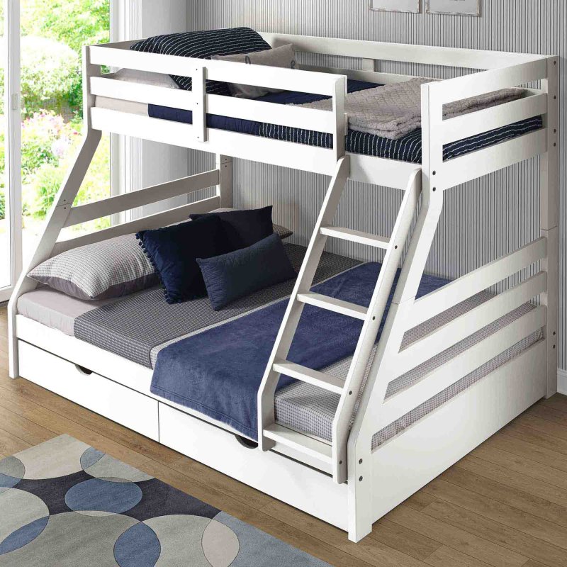 Solar Painted Triple/Dual Storage Bunk Bed White + Single & Double 'Sleep to Dream' Mattress Bundle 