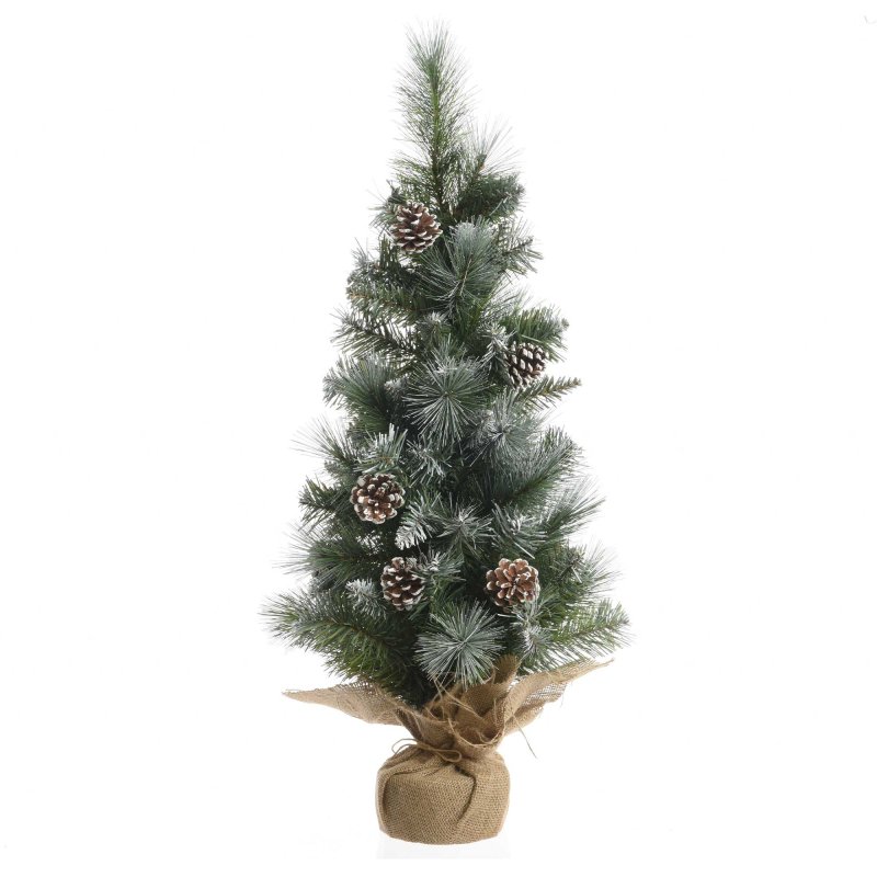 2ft/60cm Frosted Hard Needle Mini Christmas Tree With Pinecones in Jute Bag