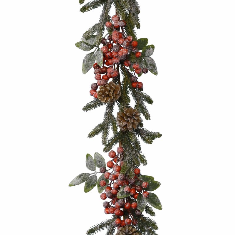 Deco Garland With Berries, Pinecones, Snow Green & White 5.8ft/176cm