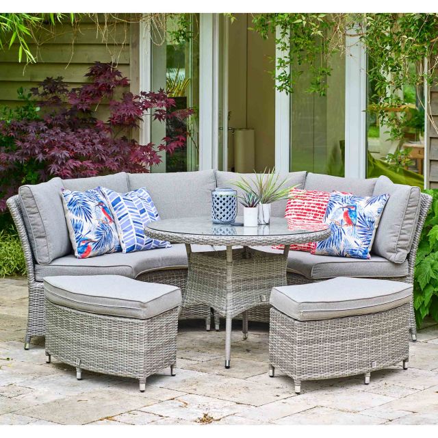 Monaco 10 Person Outdoor Curved Corner Sofa, Dining Table + Footstools