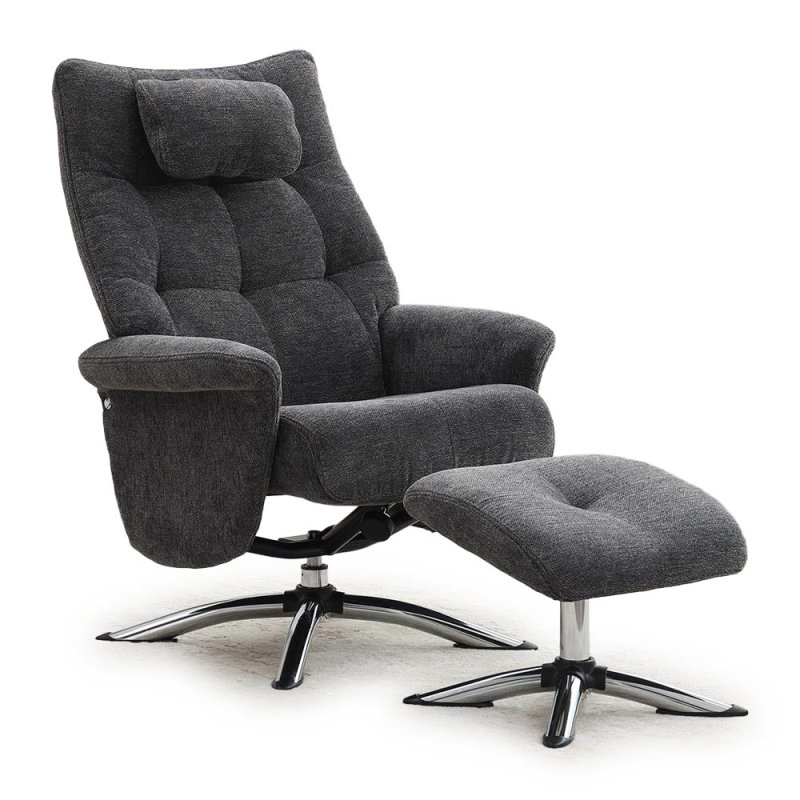 Welles Swivel Recliner Chair & Footstool Fabric Dark Grey