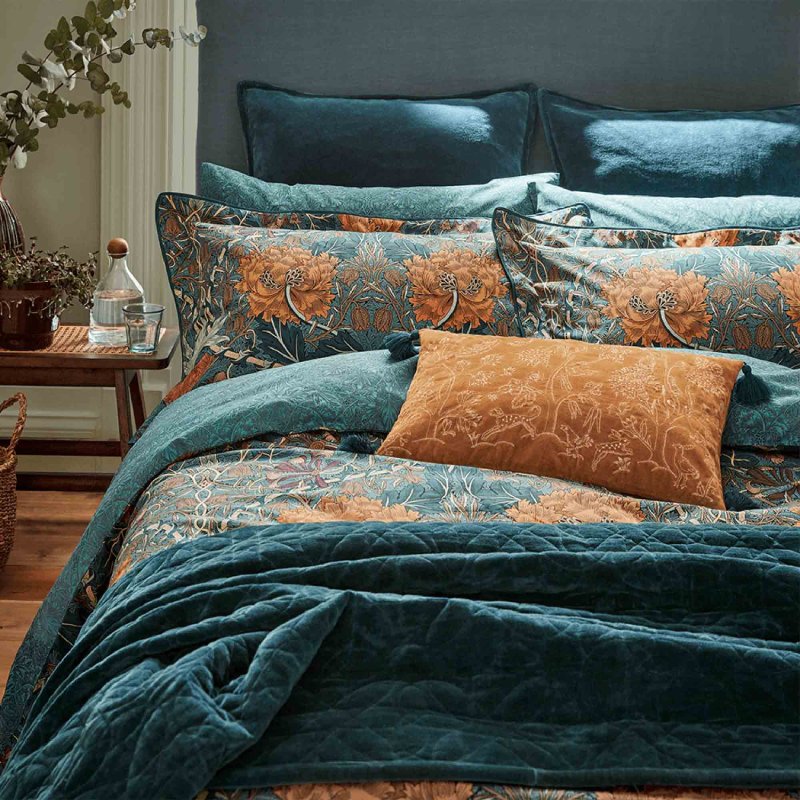 Morris & Co Honeysuckle & Tulip Reversible King Duvet Cover Mulberry & Teal