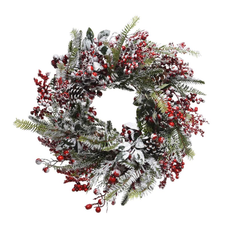Frosted Wreath With Red Berries 40cm