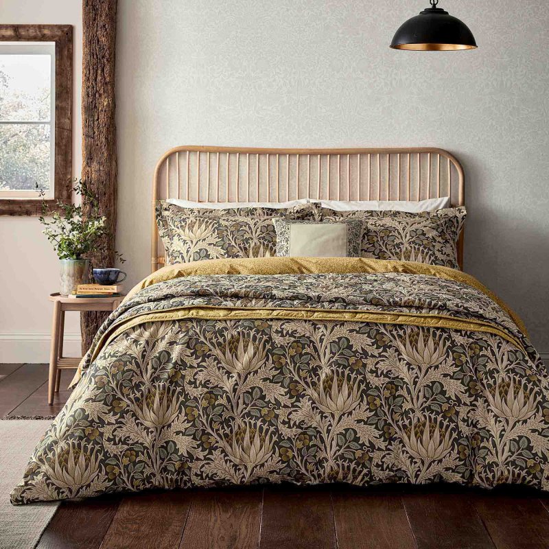 Morris & Co Artichoke Reversible Double Duvet Cover Set Charcoal & Mustard